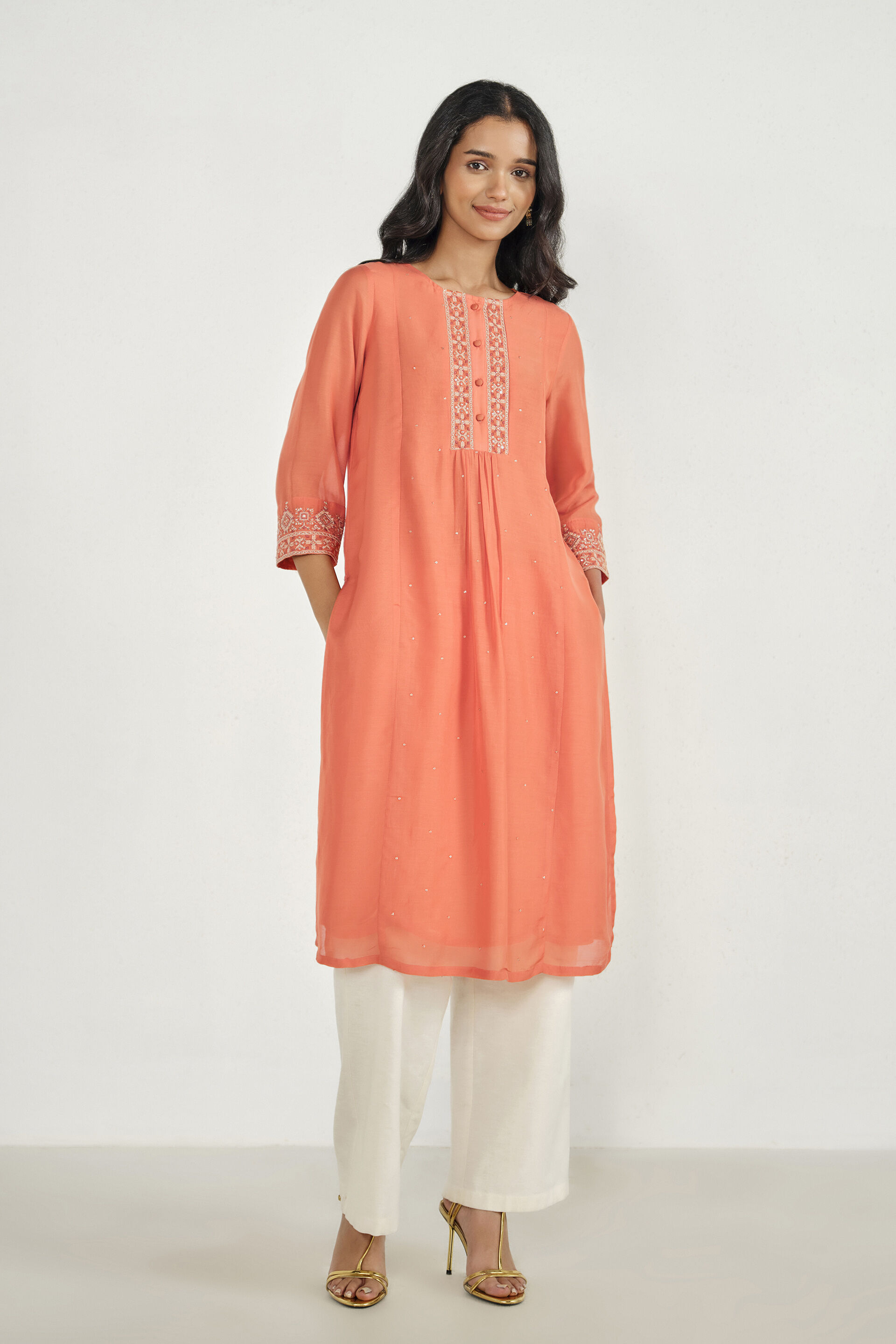 Sunset Orange Embroidered Kurta, Orange, image 4